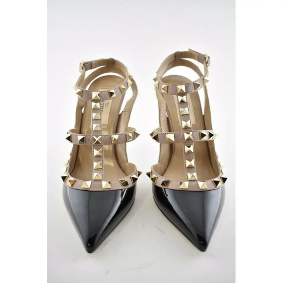 Valentino Rockstud Black Patent Poudre Nude Ankle T Strap Classic Heel Pump 34.5 - Picture 5 of 12